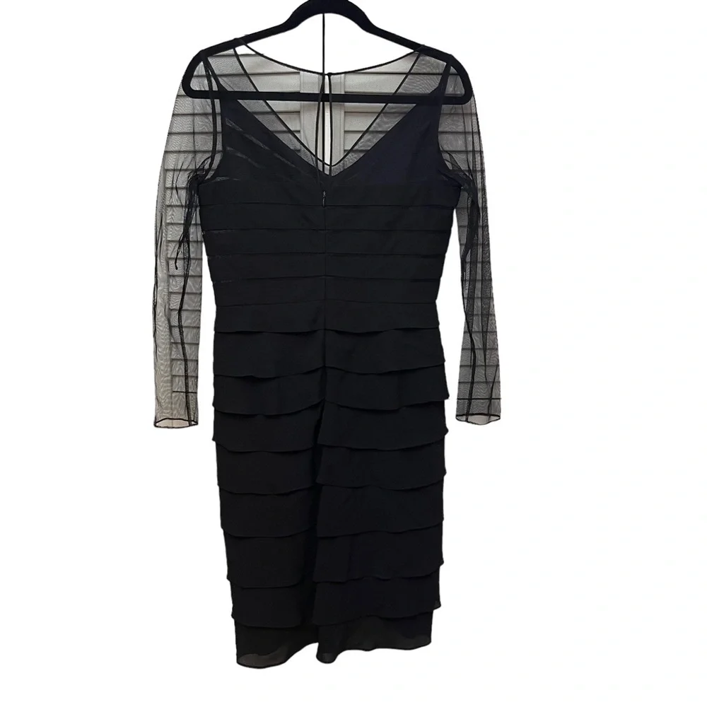Adrianna Papell Long Sleeve Mesh Tiered Raffled Black Midi Dress Size 8 - Picture 2 of 10